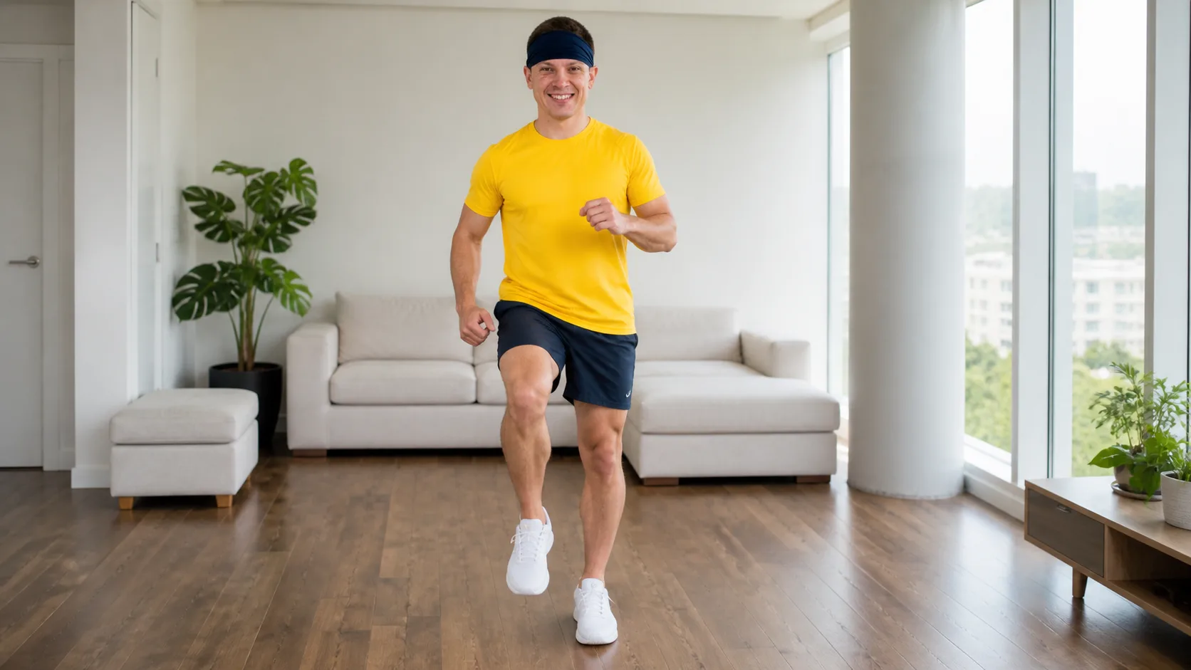 Dopamine Steps host doing a beginner-friendly knee lift in a bright living room