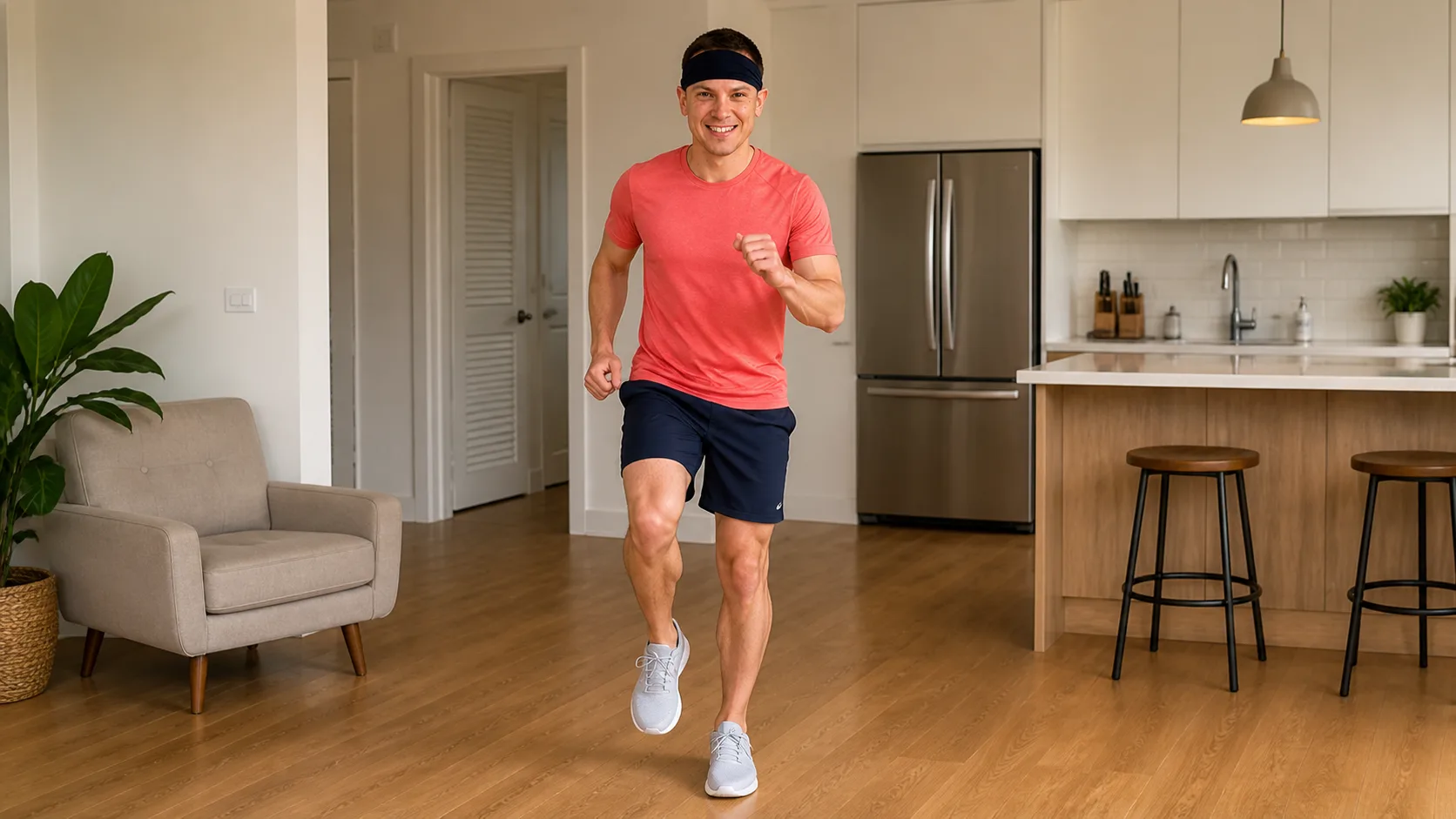 Dopamine Steps host walking in place in a warm apartment kitchen