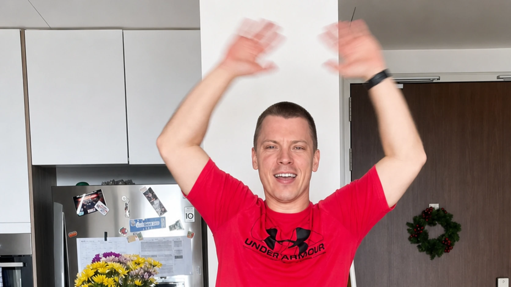 Dopamine Steps host marching in a warm morning kitchen